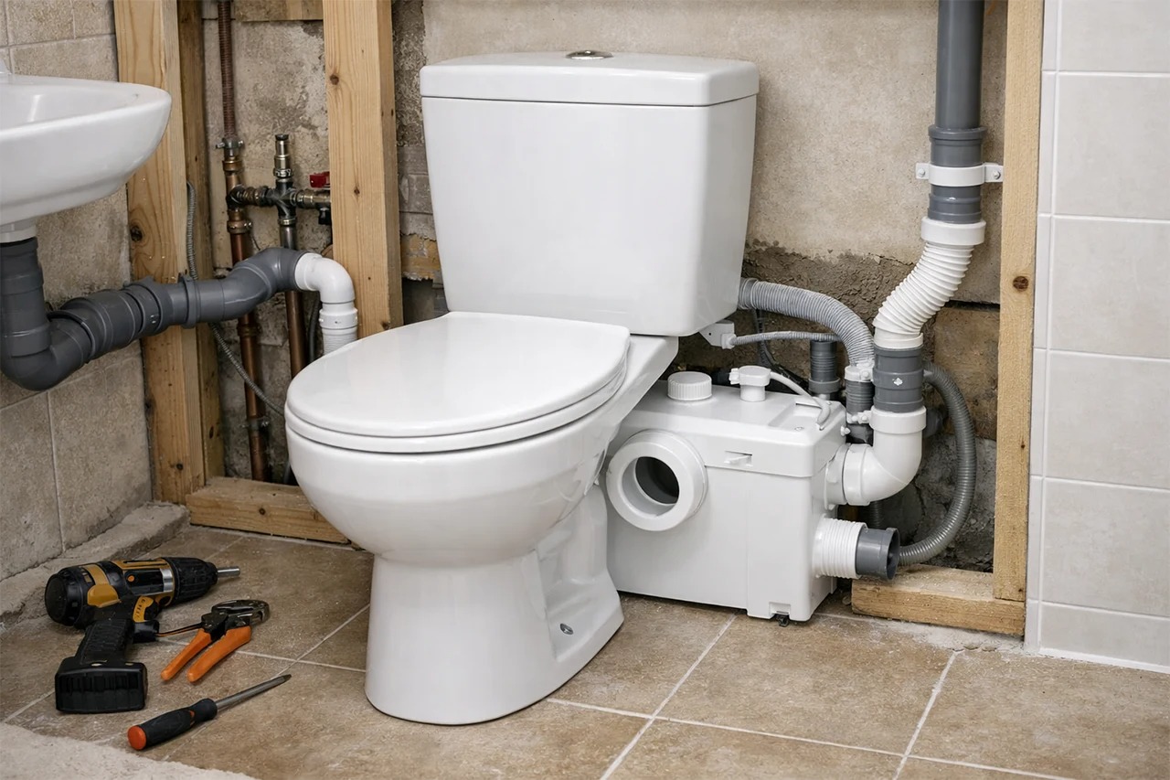 Saniflo macerator system with toilet installation