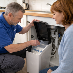 AquaSoft water softener demonstration with customer